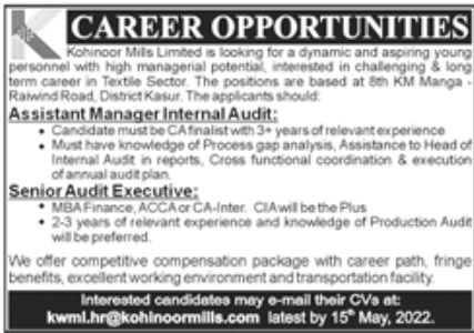 Kohinoor Mills Limited Jobs May 2022