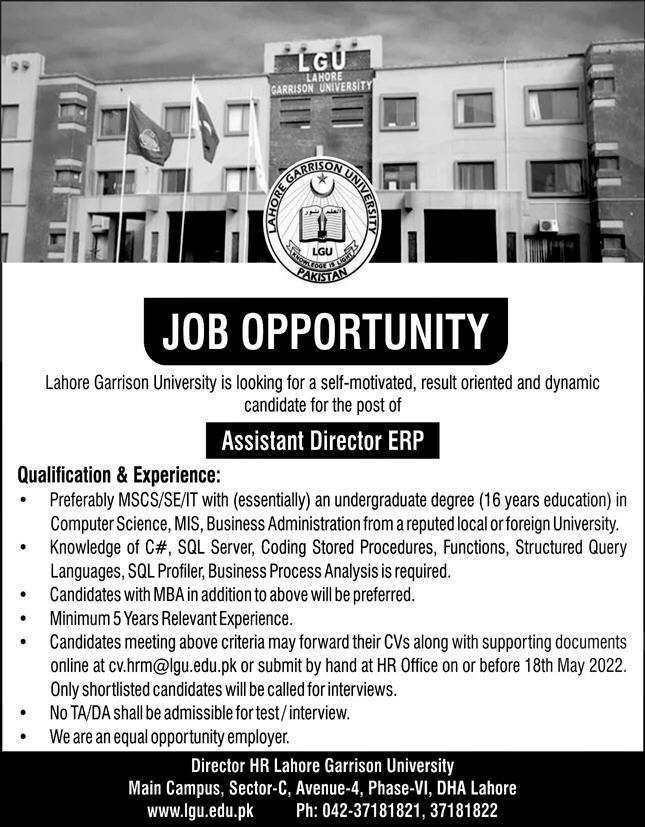 Lahore Garrison University LGU Jobs May 2022