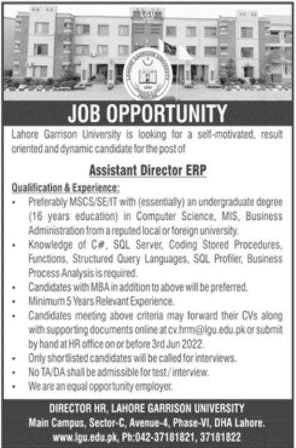 Lahore Garrison University LGU Jobs May 2022