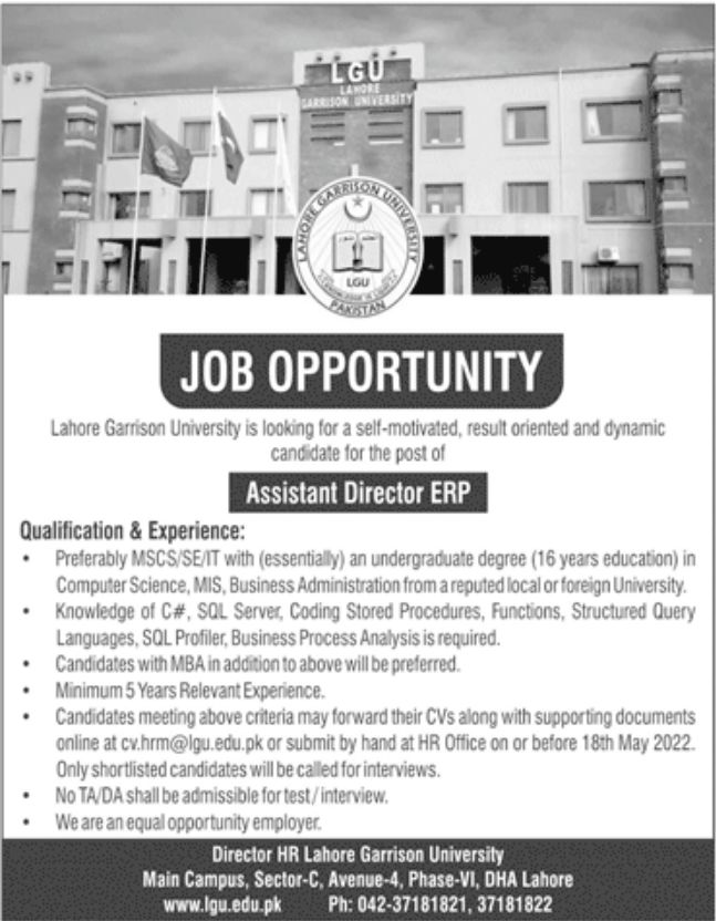 Lahore Garrison University LGU Jobs May 2022