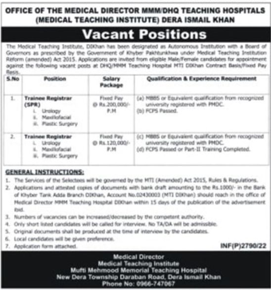 Medical Teaching Institute Dera Ismail Khan Jobs May 2022