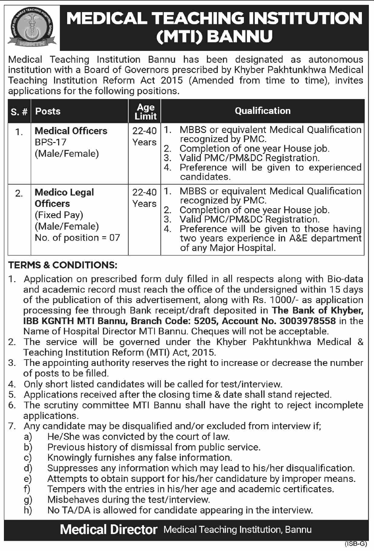 Medical Teaching Institution Bannu Jobs May 2022