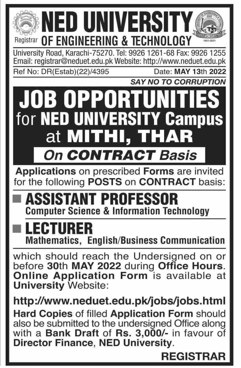 NED University of Engineering & Technology Jobs May 2022