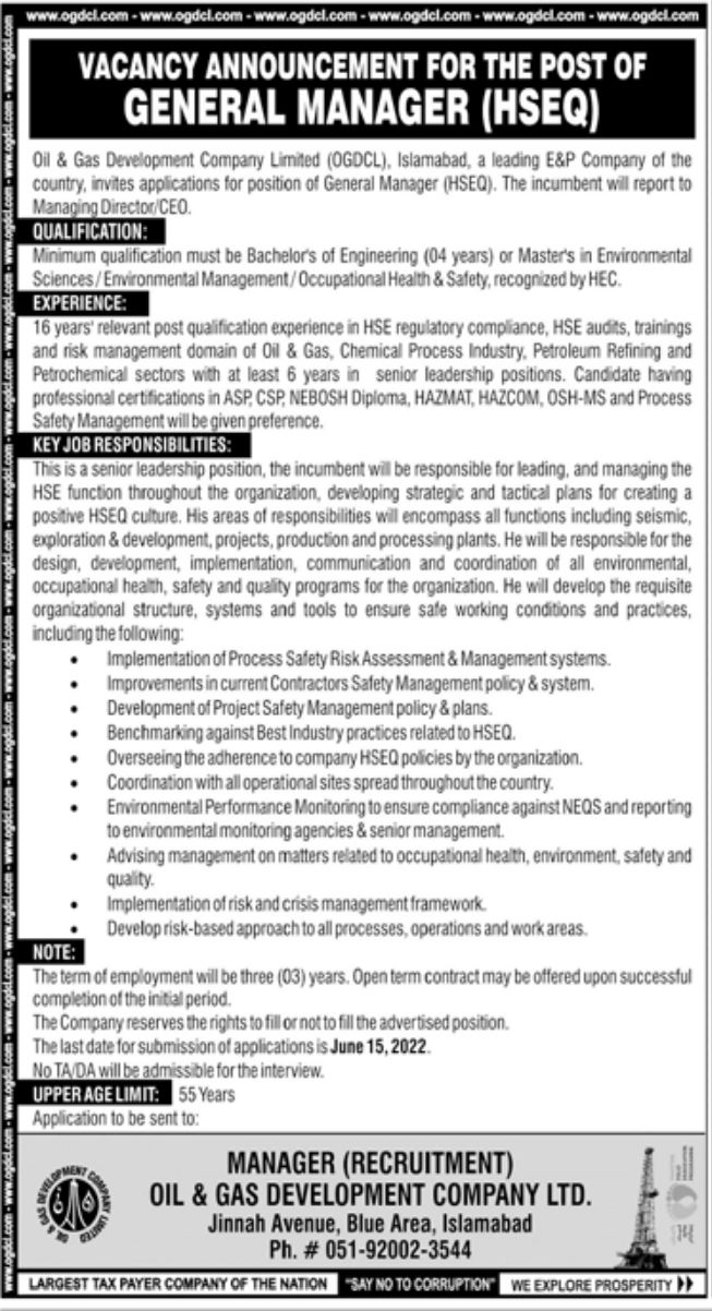 Oil & Gas Development Company Limited OGDCL Jobs May 2022