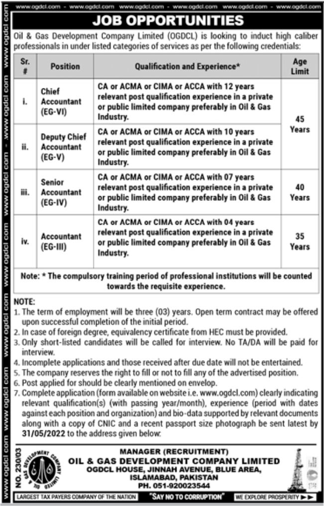 Oil & Gas Development Company Limited OGDCL Jobs May 2022