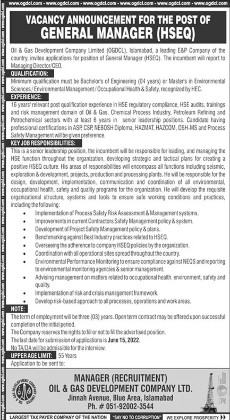 Oil & Gas Development company Limited (OGDCL) Jobs May 2022