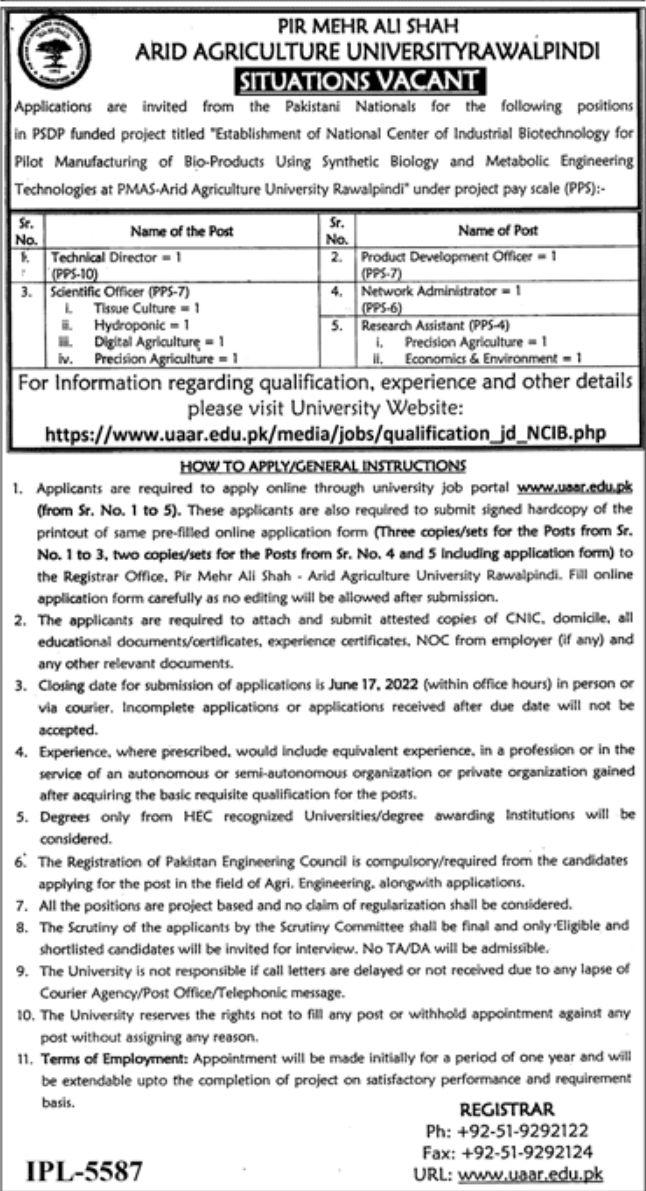 PIR Mehr Ali Shah ARID Agriculture University Rawalpindi Jobs May 2022