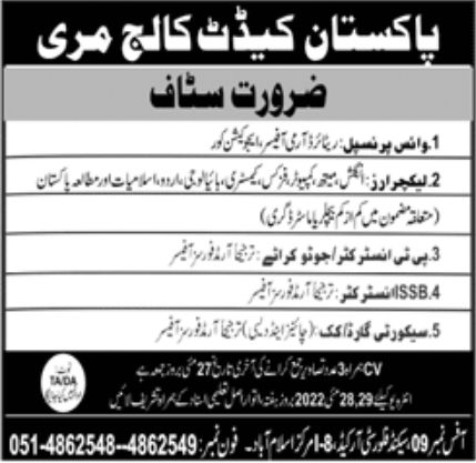 Pakistan Cadet College Murree Jobs May 2022