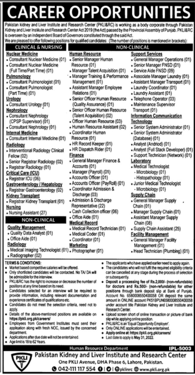 Pakistan Kidney and Liver Institute and Research Center PKLI&RC Jobs May 2022