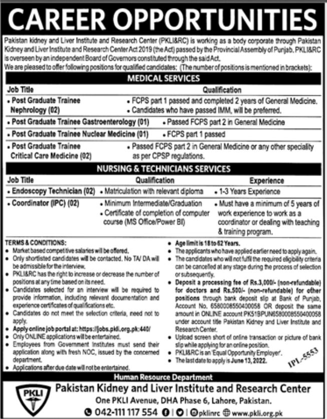 Pakistan Kidney and Liver Institute and Research center PKLI&RC Jobs May 2022