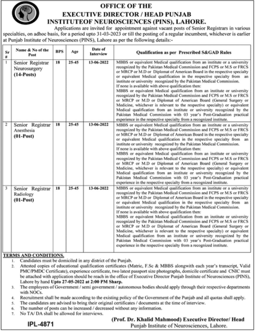 Punjab Institute of Neurosciences PINS Lahore Jobs May 2022