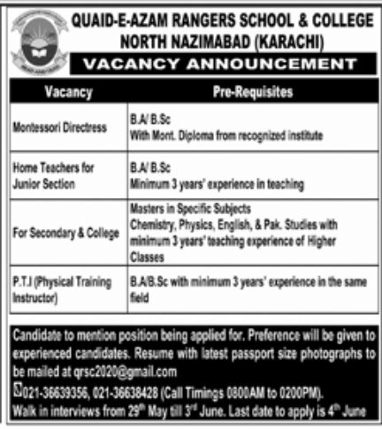 Quaid-e-Azam Rangers School & College Jobs May 2022