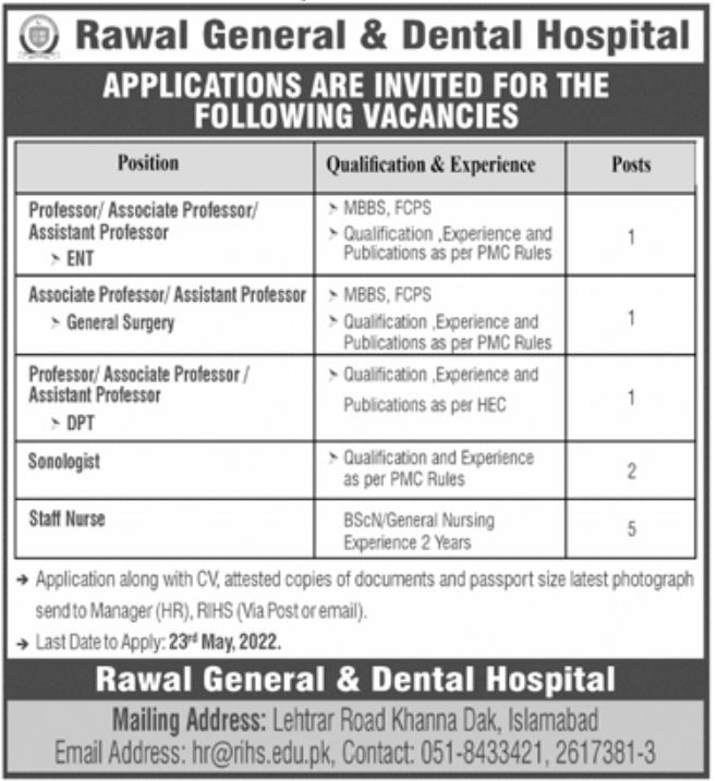 Rawal General & Dental Hospital Jobs May 2022