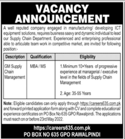 Reputed Company Rawalpindi Jobs May 2022