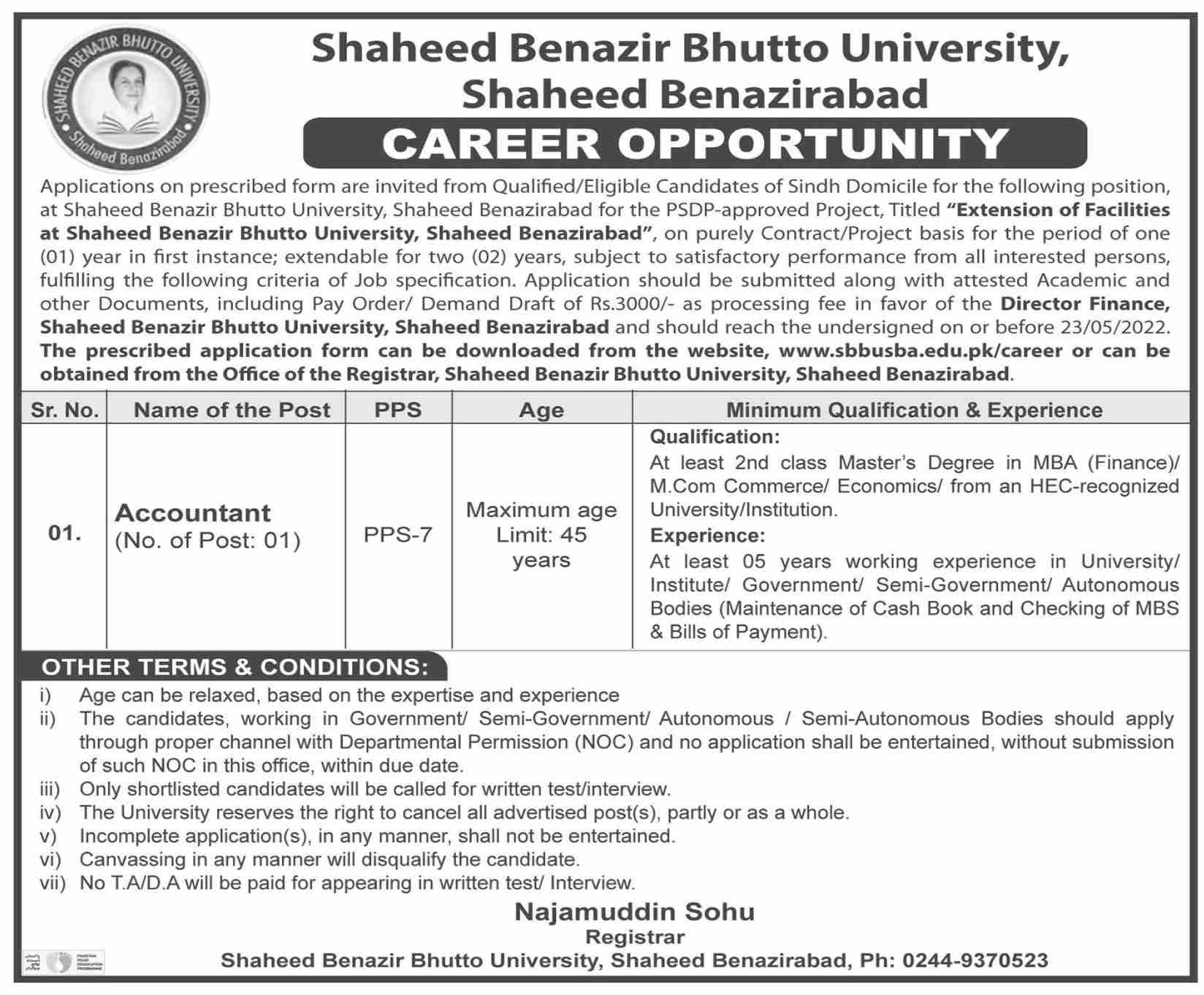 Shaheed Benazir Bhutto University Jobs May 2022