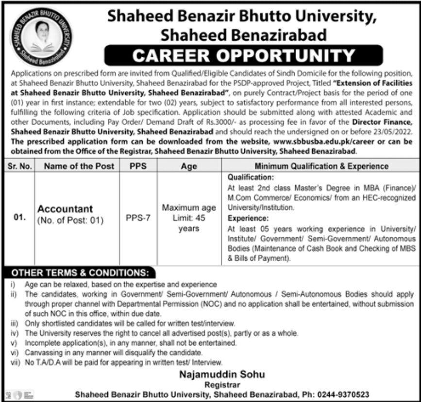 Shaheed Benazir Bhutto University Jobs May 2022