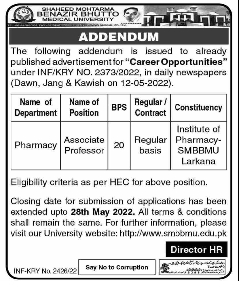 Shaheed Mohtarma Benazir Bhutto Medical University Jobs May 2022