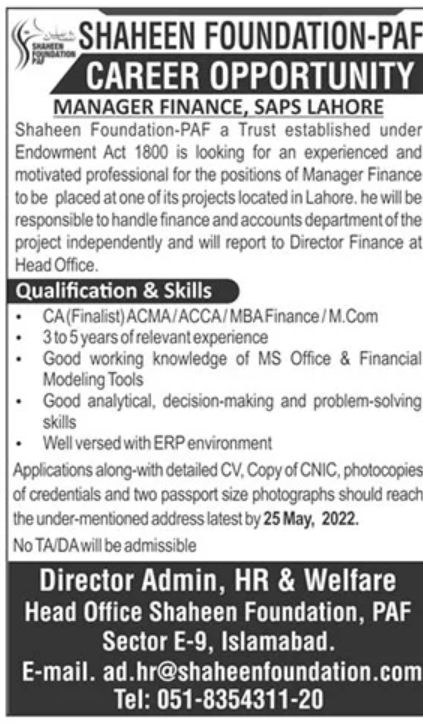 Shaheen Foundation PAF Jobs May 2022