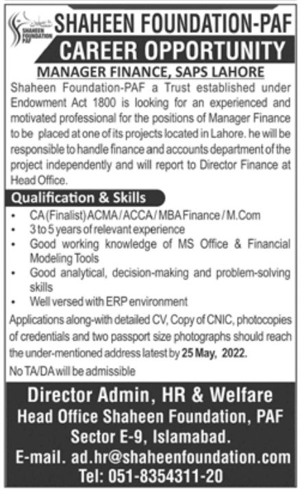 Shaheen Foundation-PAF Jobs May 2022