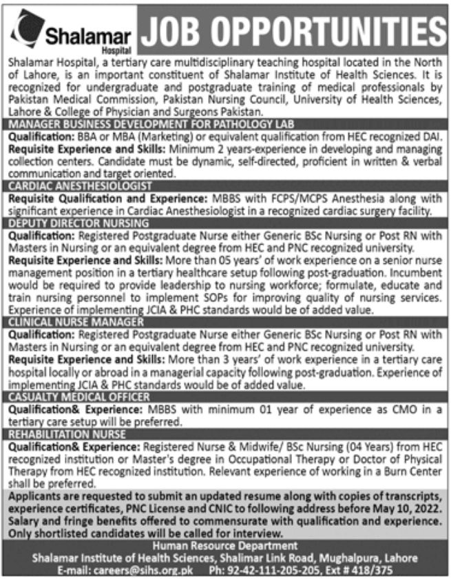 Shalamar Hospital Jobs May 2022