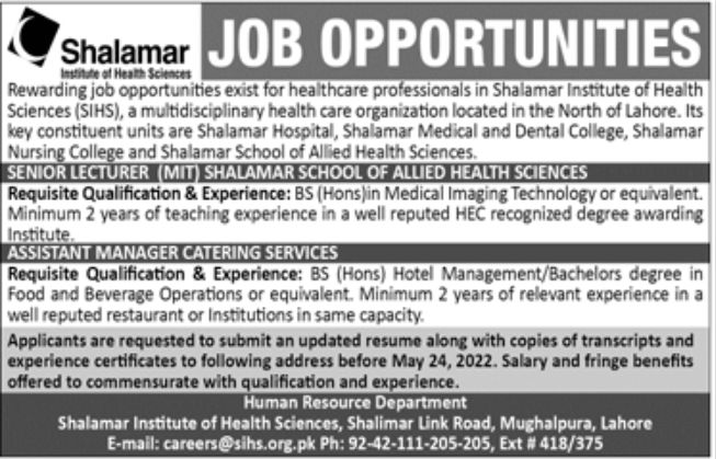 Shalamar Institute of Health Sciences Jobs May 2022