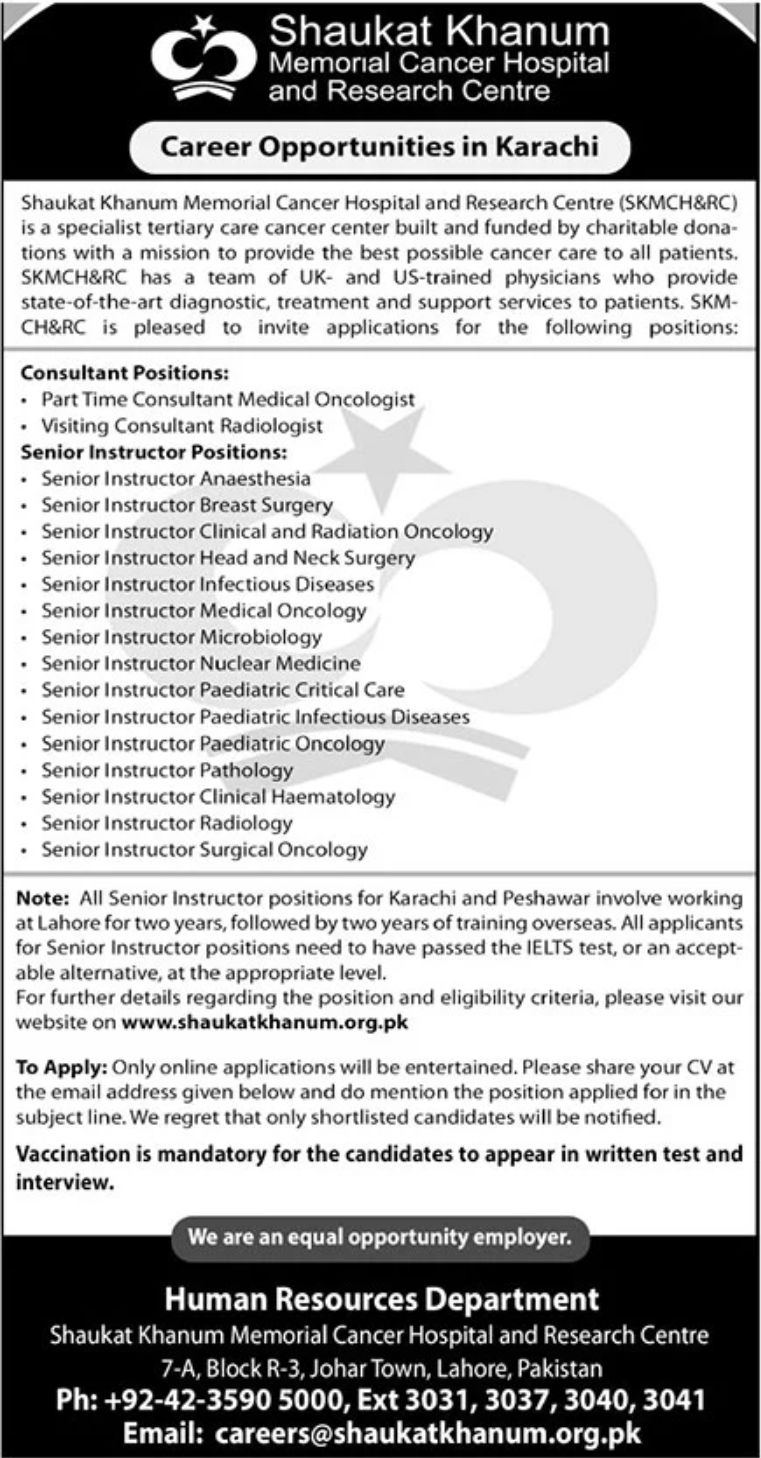 Shaukat Khanum Memorial Cancer Hospital and Research Centre Jobs May 2022