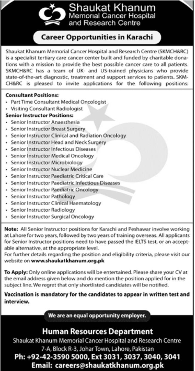 Shaukat Khanum Memorial Cancer Hospital and Research Centre Jobs May 2022