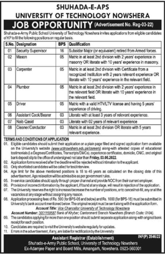 Shuhada-e-APS University of Technology Nowshera Jobs May 2022