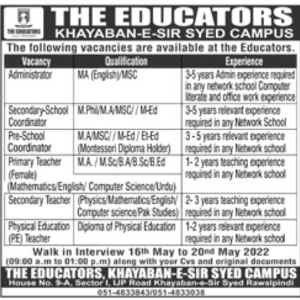 The Educators Khayaban-e-Sir Syed Jobs May 2022