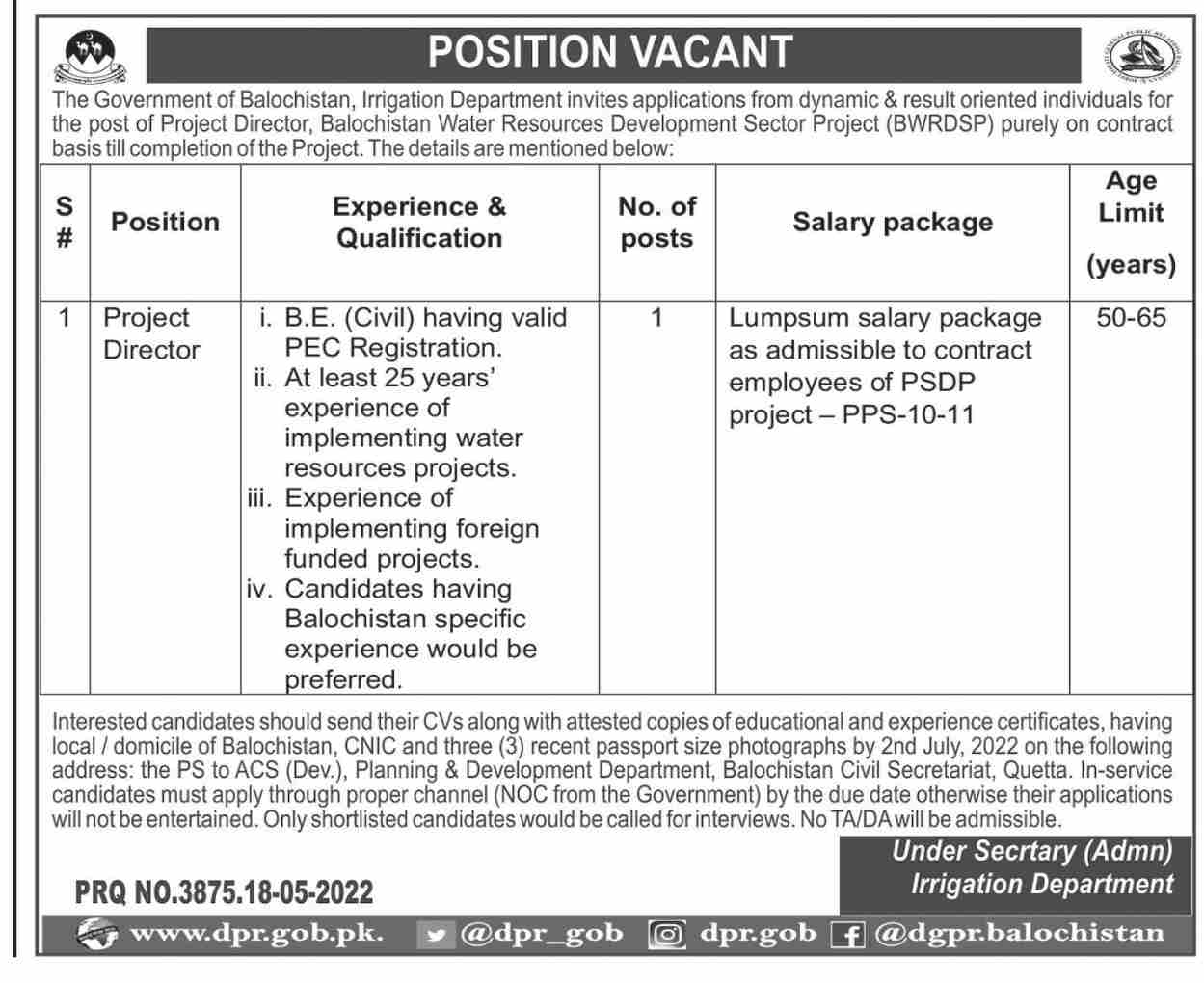 The Government of Balochistan Irrigation Department Jobs May 2022