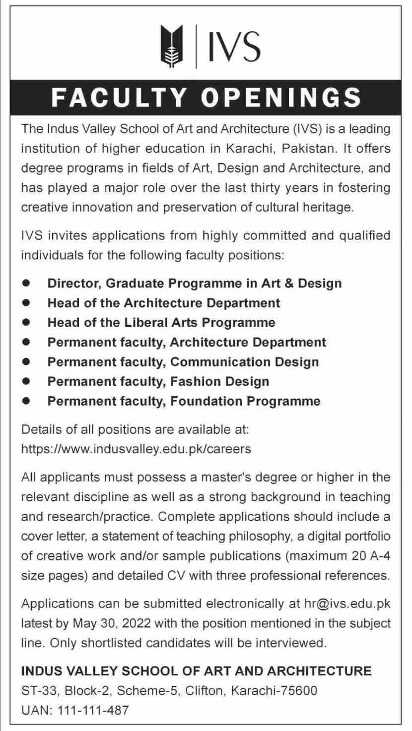 The Indus Valley School of Art and Architecture IVS Jobs May 2022