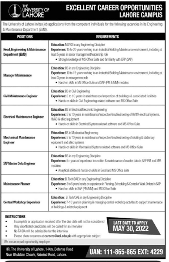 The University of Lahore UOL Jobs May 2022