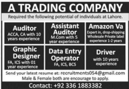 Trading Company Lahore Jobs May 2022