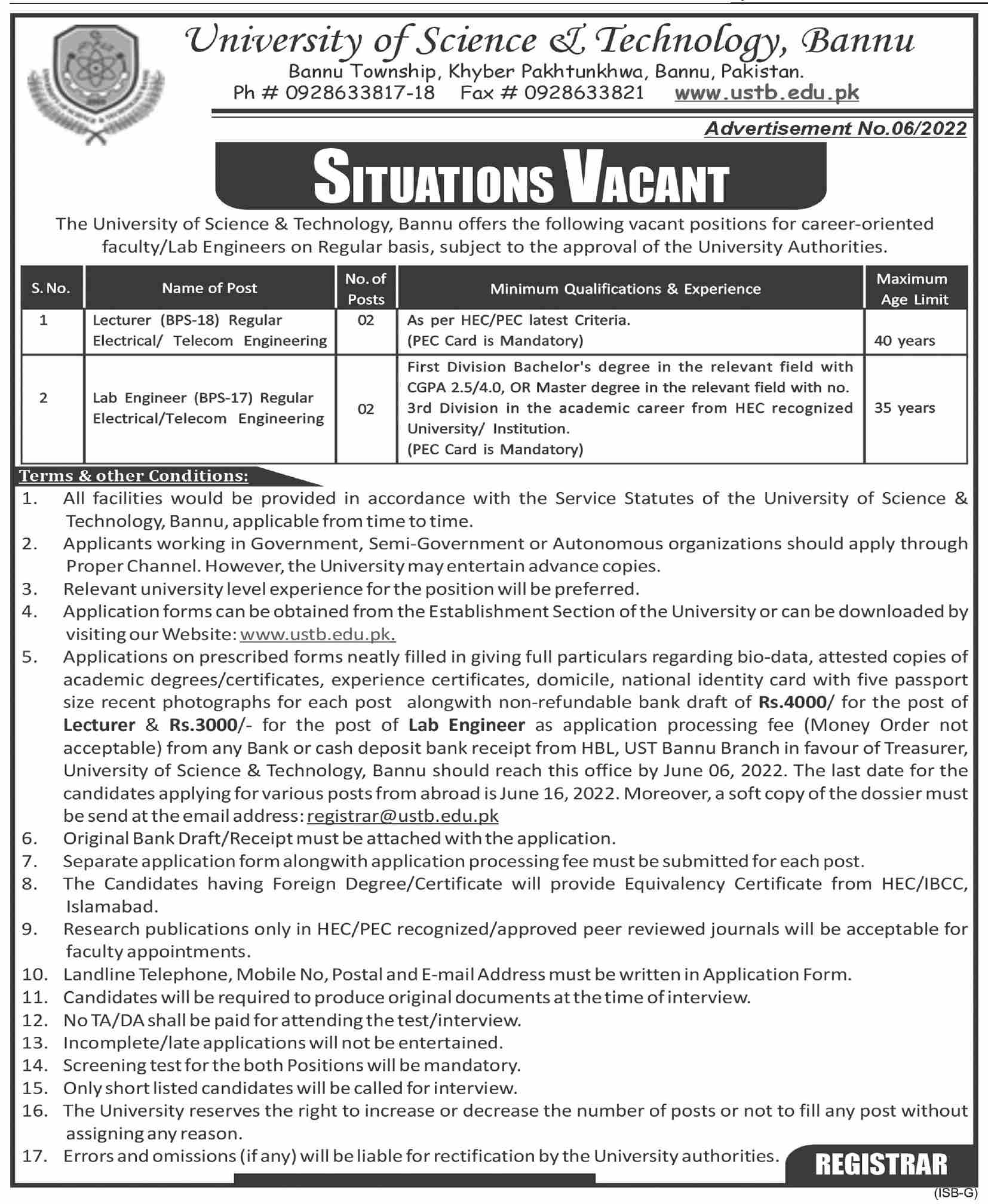 University of Science & Technology Bannu Jobs May 2022