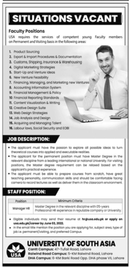 University of South Asia Jobs May 2022