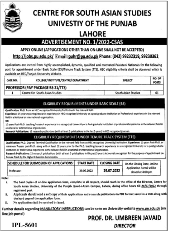 University of the Punjab Lahore Jobs May 2022
