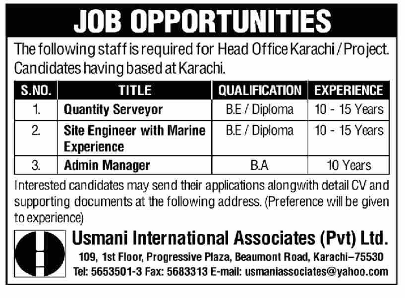 Usmani International Associates Pvt Ltd Jobs May 2022
