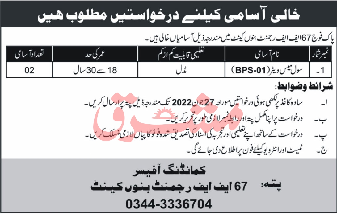 67 FF Regiment Bannu Jobs June 2022