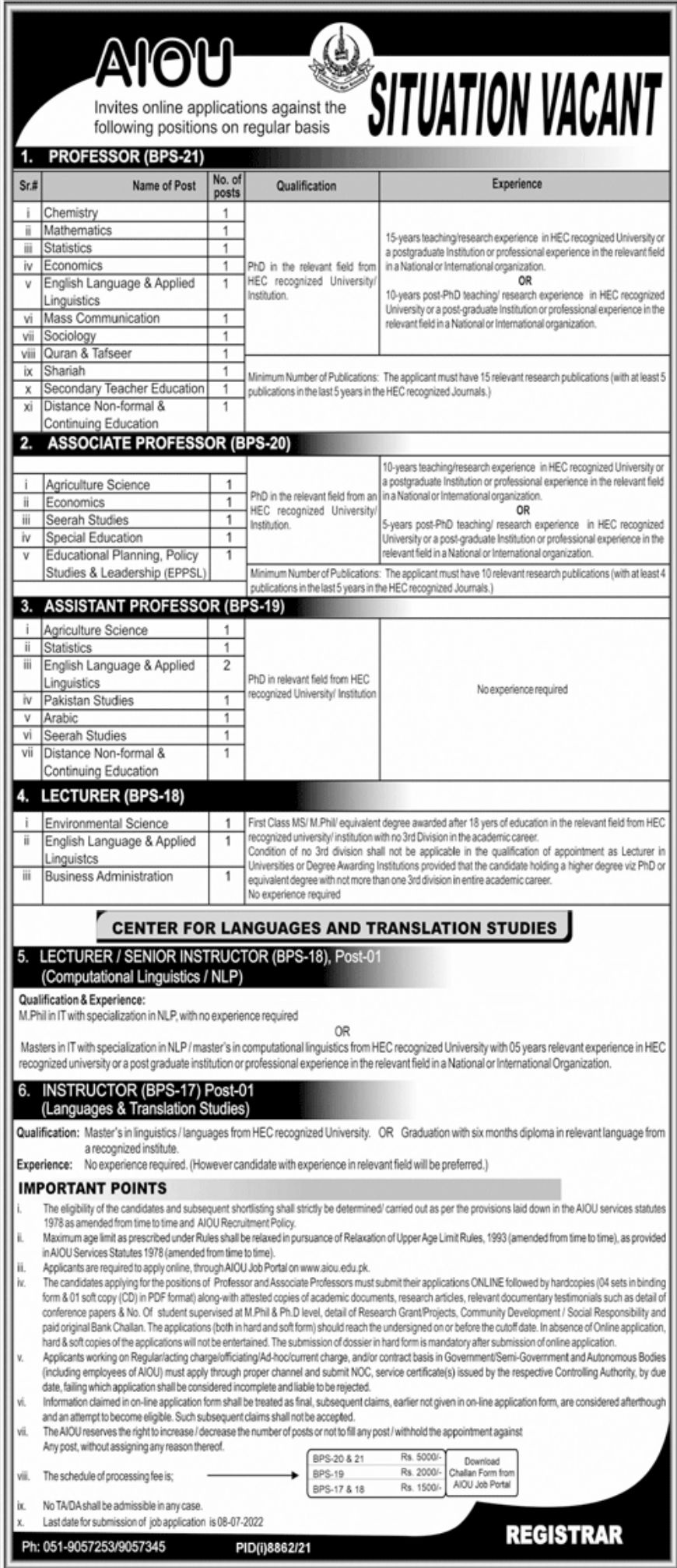 AIOU Jobs June 2022