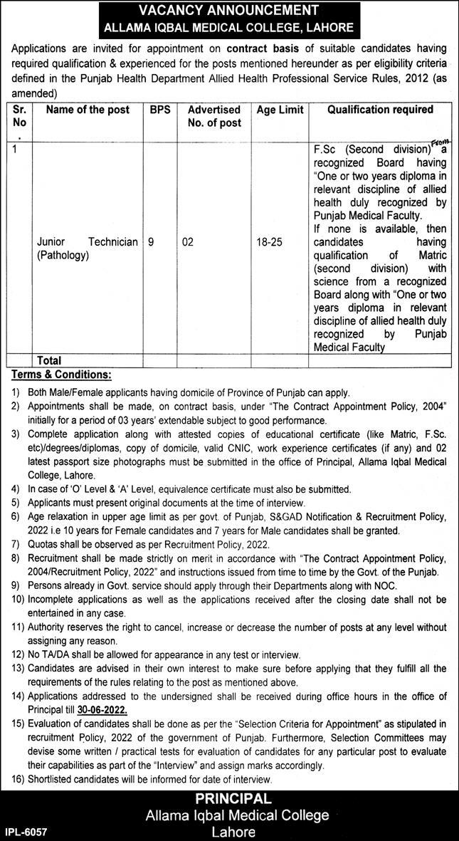 Allama Iqbal Medical College Lahore Jobs June 2022