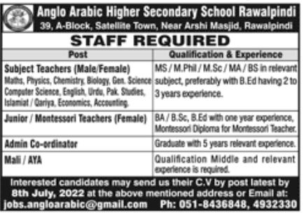 Anglo Arabic Higher Secondary School Rawalpindi Jobs June 2022