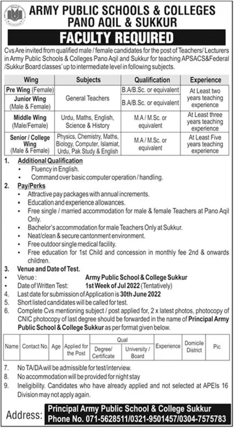 Army Public School & College Jobs June 2022
