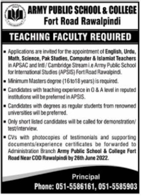 Army Public School & College Rawalpindi Jobs June 2022