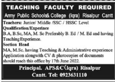 Army Public Schools & College Risalpur Cantt Jobs June 2022