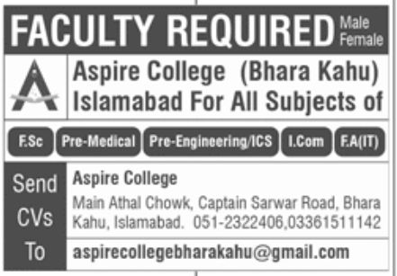 Aspire College Islamabad Jobs June 2022