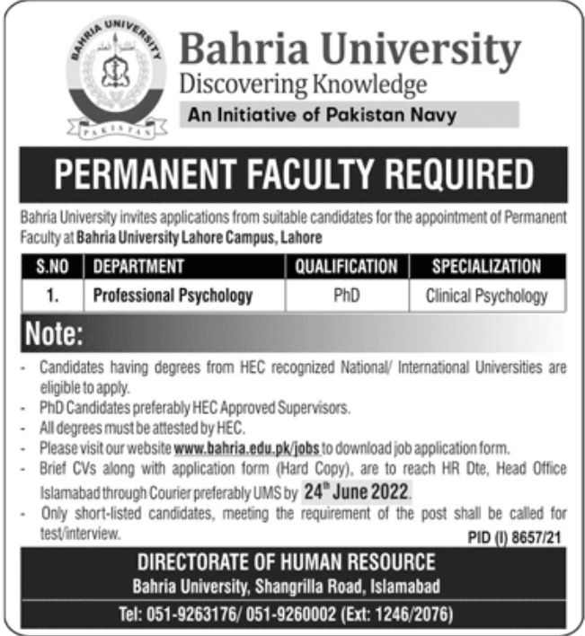 Bahria University Islamabad Jobs June 2022