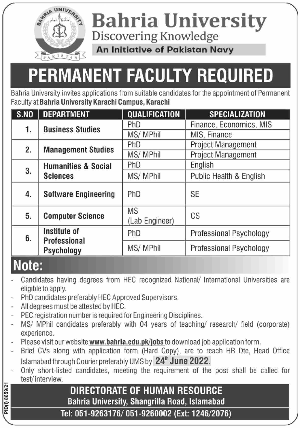 Bahria University Jobs June 2022