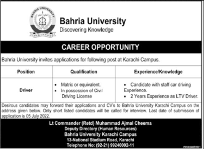 Bahria University Jobs June 2022