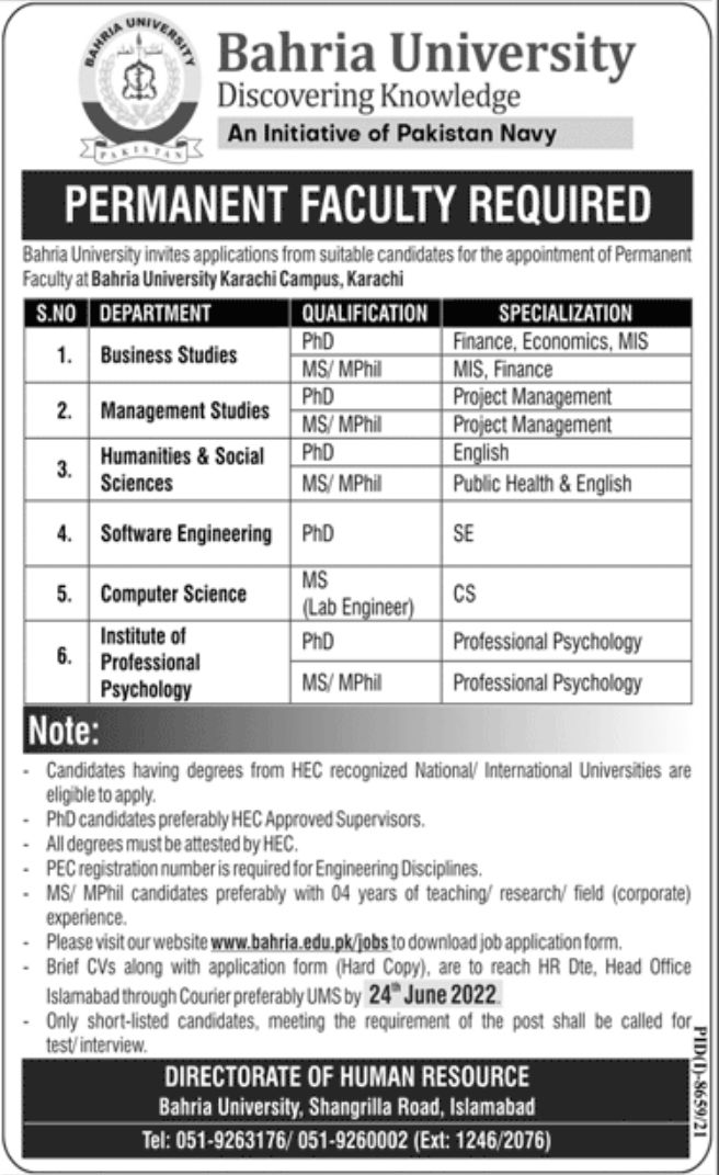 Bahria University Jobs June 2022