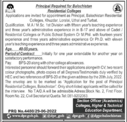 Balochistan Residential Colleges Jobs June 2022